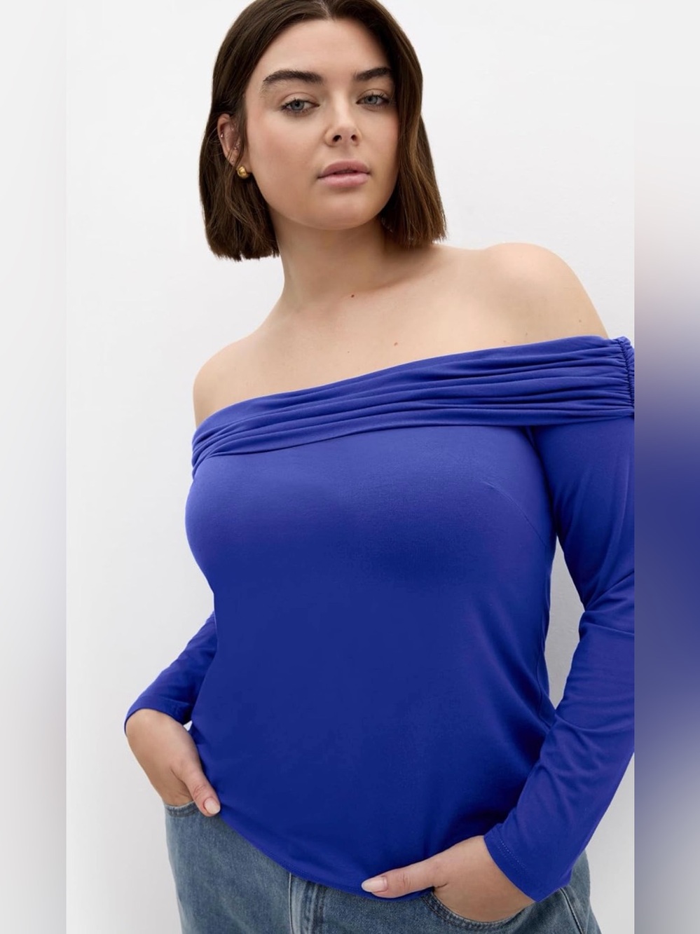 City Chic Off-the-Shoulder Long Sleeve Top in Royal Blue